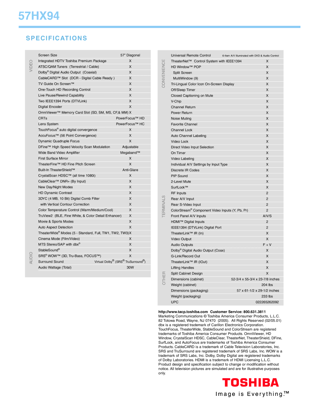 Toshiba 57HX94 manual Specifications, Video 