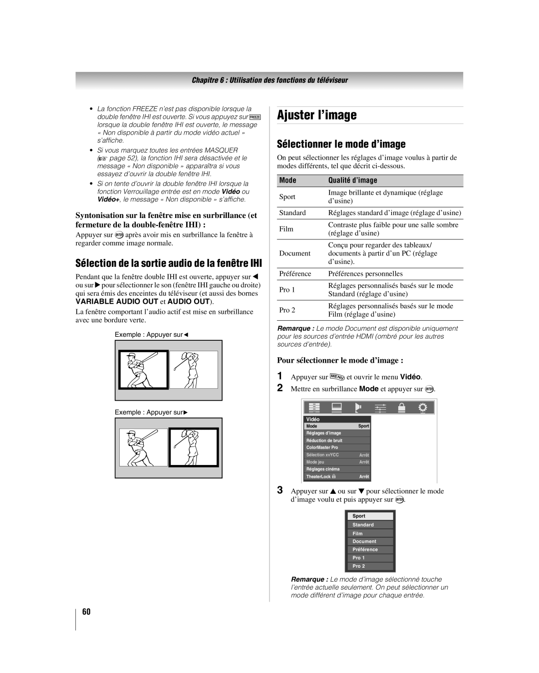 Toshiba 57LX177, 52LX177 Ajuster l’image, Sélectionner le mode d’image, Sélection de la sortie audio de la fenêtre IHI 