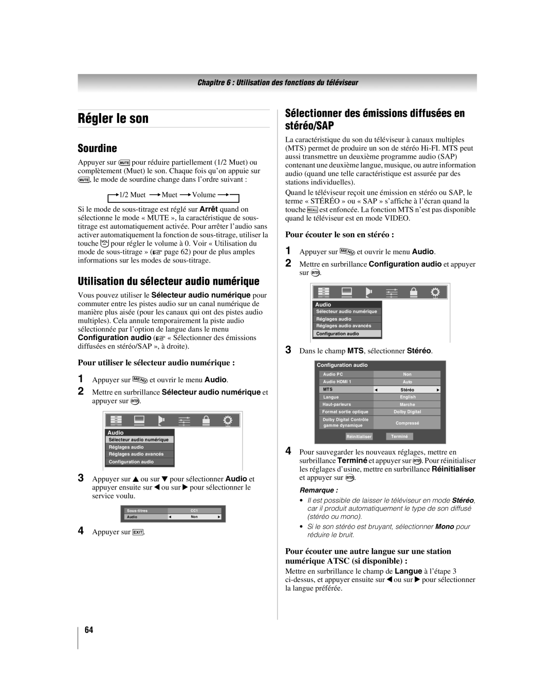 Toshiba 52LX177 Régler le son, Sourdine, Sélectionner des émissions diffusées en stéréo/SAP, Pour écouter le son en stéréo 