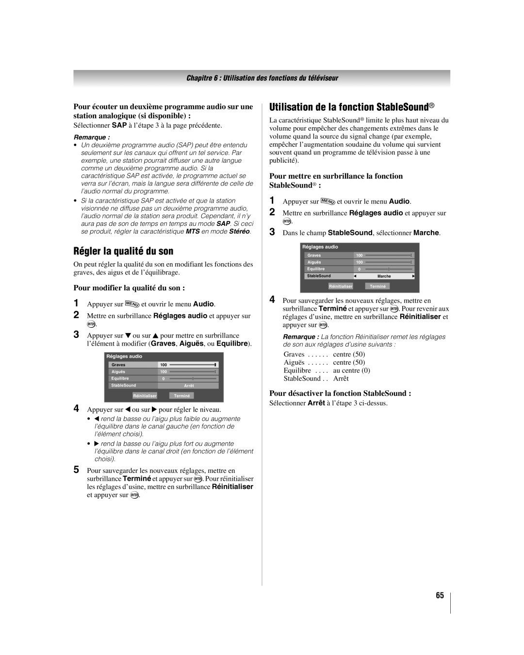 Toshiba 46LX177, 57LX177 Régler la qualité du son, Utilisation de la fonction StableSound, Pour modifier la qualité du son 