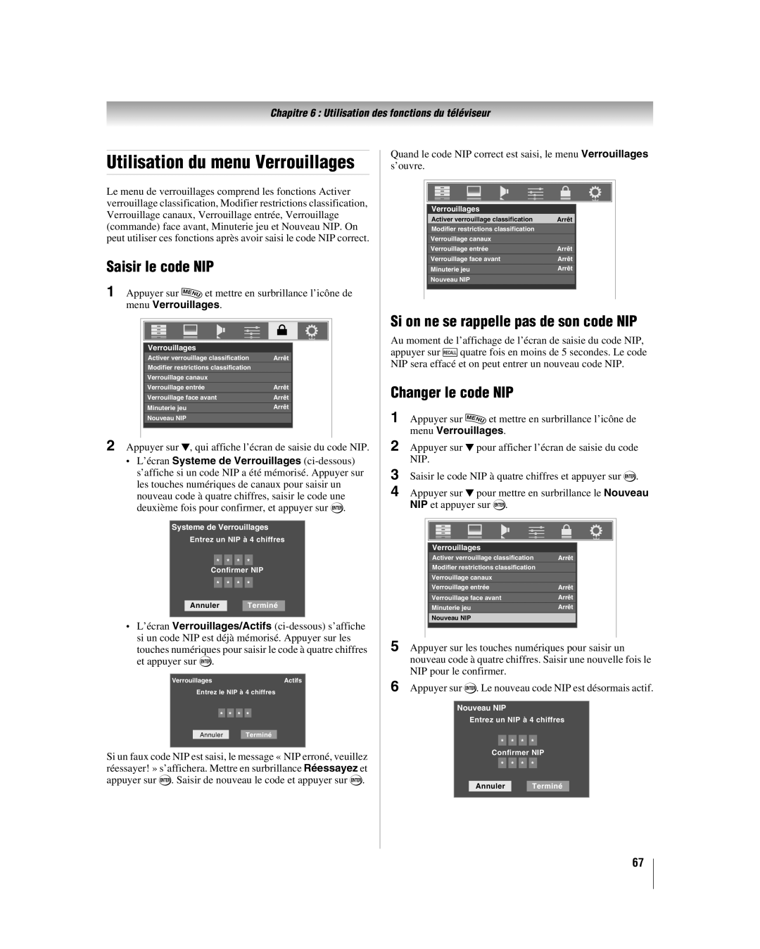 Toshiba 52LX177, 57LX177 Utilisation du menu Verrouillages, Saisir le code NIP, Si on ne se rappelle pas de son code NIP 