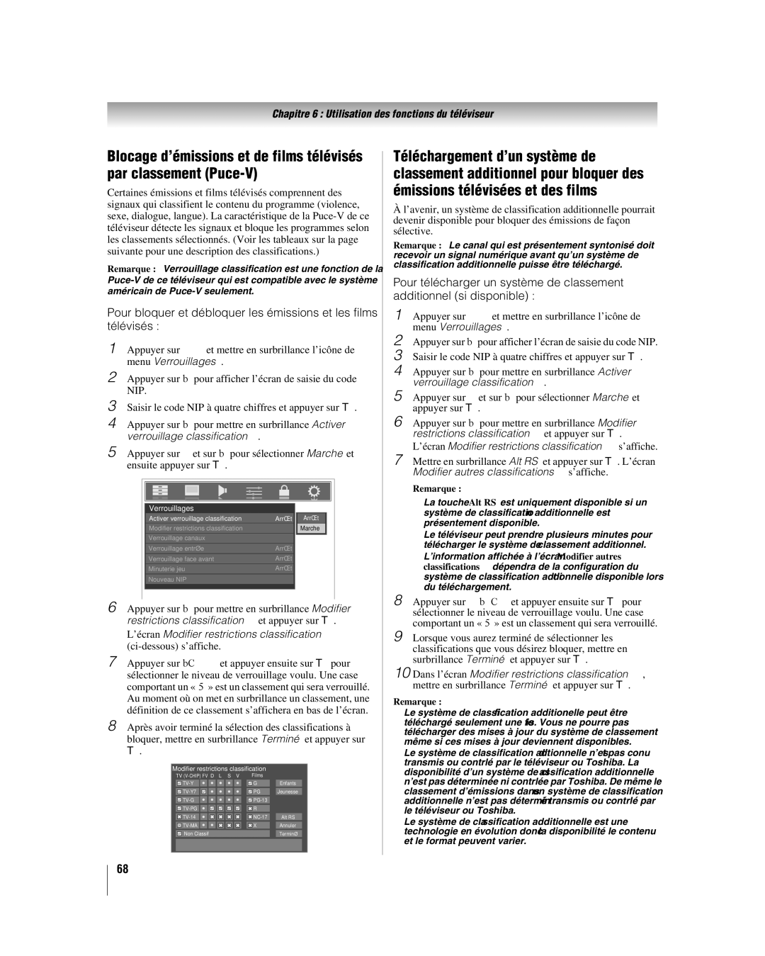 Toshiba 46LX177, 57LX177 ’écran Modifier restrictions classification s’affiche, Activer verrouillage classification Arrêt 