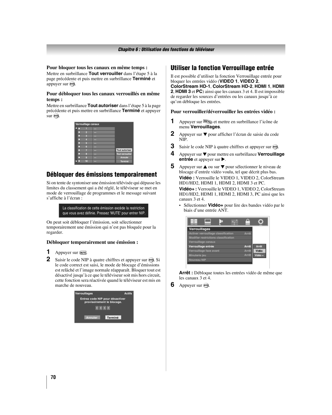 Toshiba 52LX177, 57LX177, 46LX177 manual Utiliser la fonction Verrouillage entrée, Débloquer des émissions temporairement 