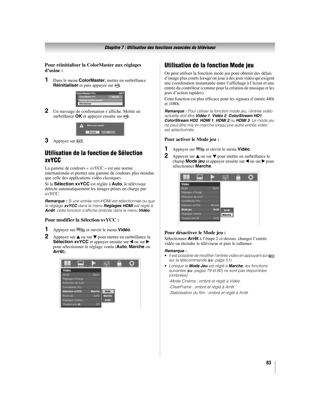 Toshiba 46LX177, 57LX177, 52LX177 manual Utilisation de la fonction de Sélection xvYCC, Utilisation de la fonction Mode jeu 