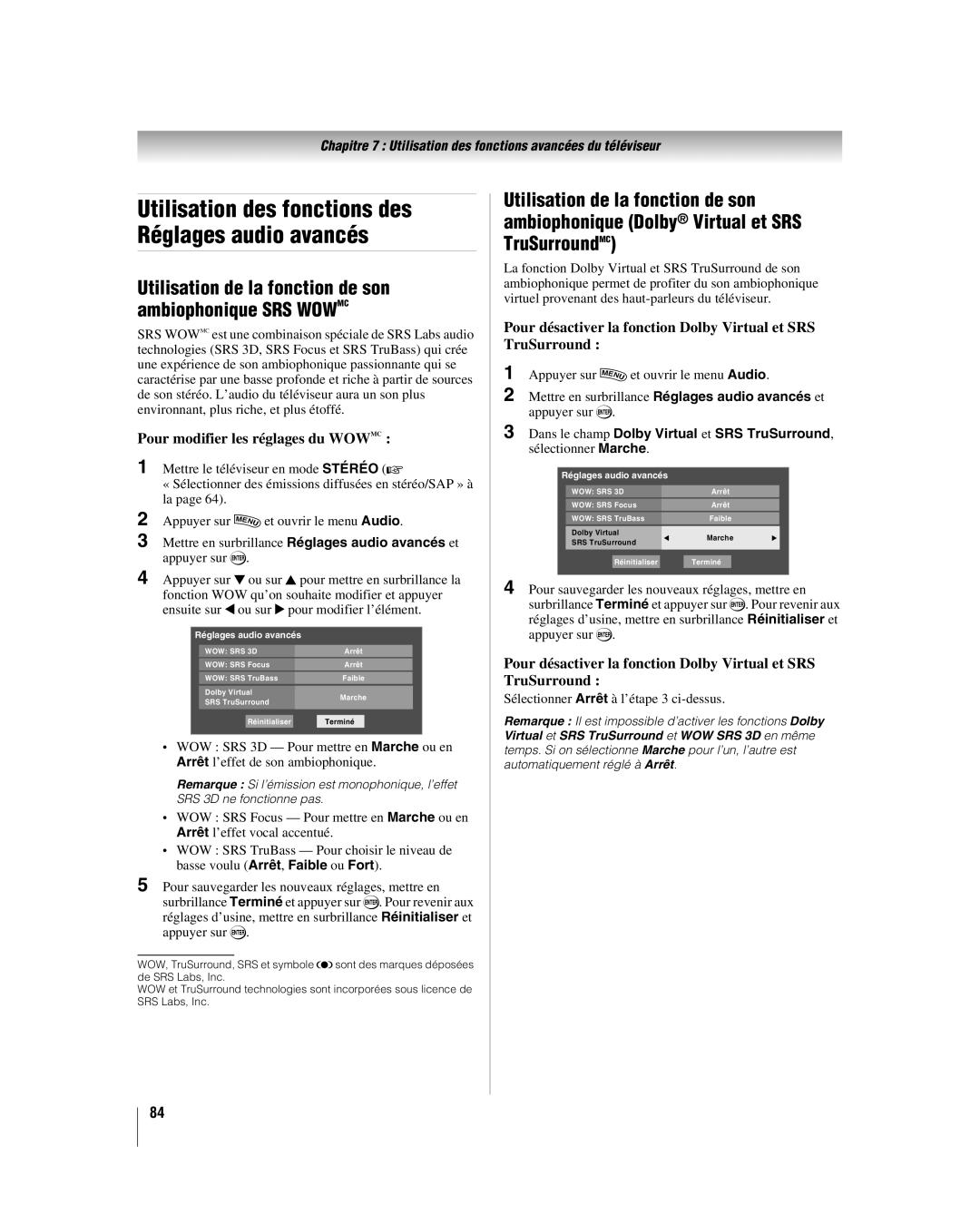 Toshiba 57LX177, 52LX177 Utilisation de la fonction de son ambiophonique SRS Wowmc, Pour modifier les réglages du Wowmc 