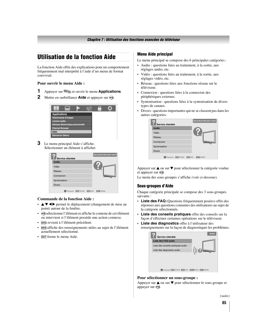 Toshiba 52LX177, 57LX177, 46LX177 manual Utilisation de la fonction Aide, Menu Aide principal, Sous-groupes d’Aide 