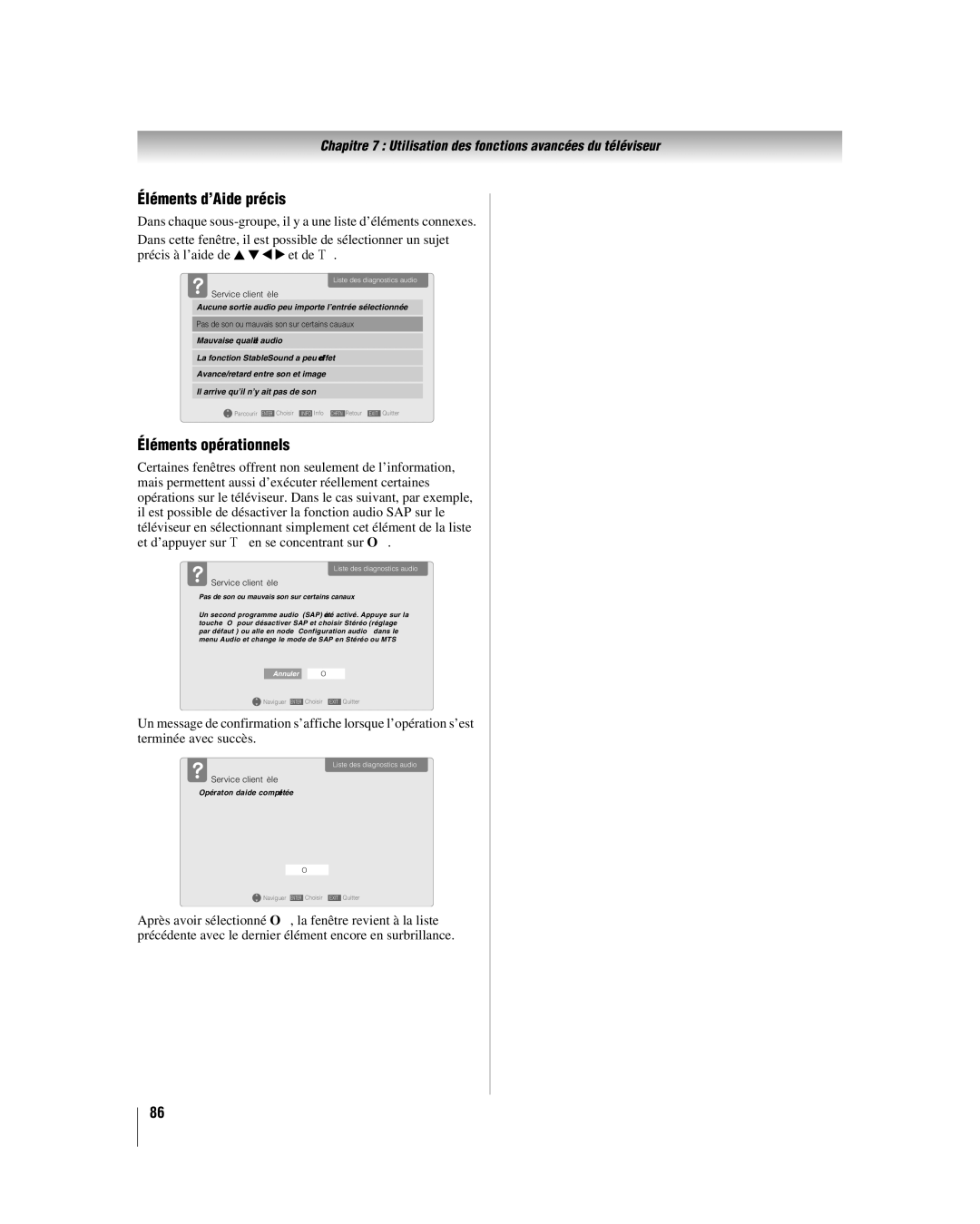 Toshiba 46LX177, 57LX177, 52LX177 manual Éléments d’Aide précis, Éléments opérationnels 