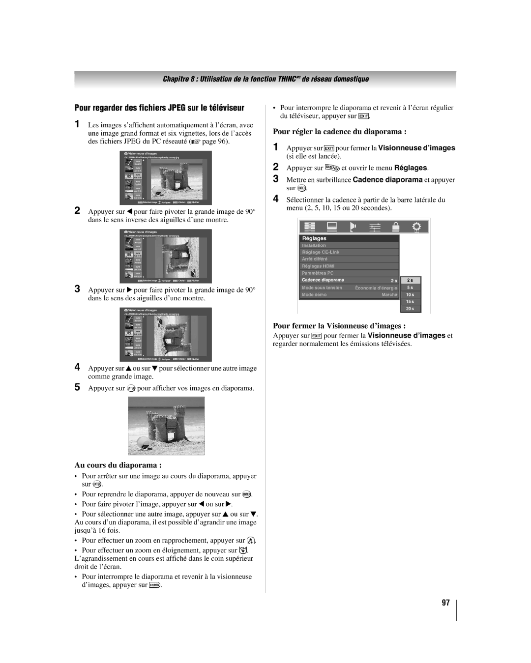 Toshiba 52LX177, 57LX177, 46LX177 manual Pour regarder des fichiers Jpeg sur le téléviseur, Au cours du diaporama 