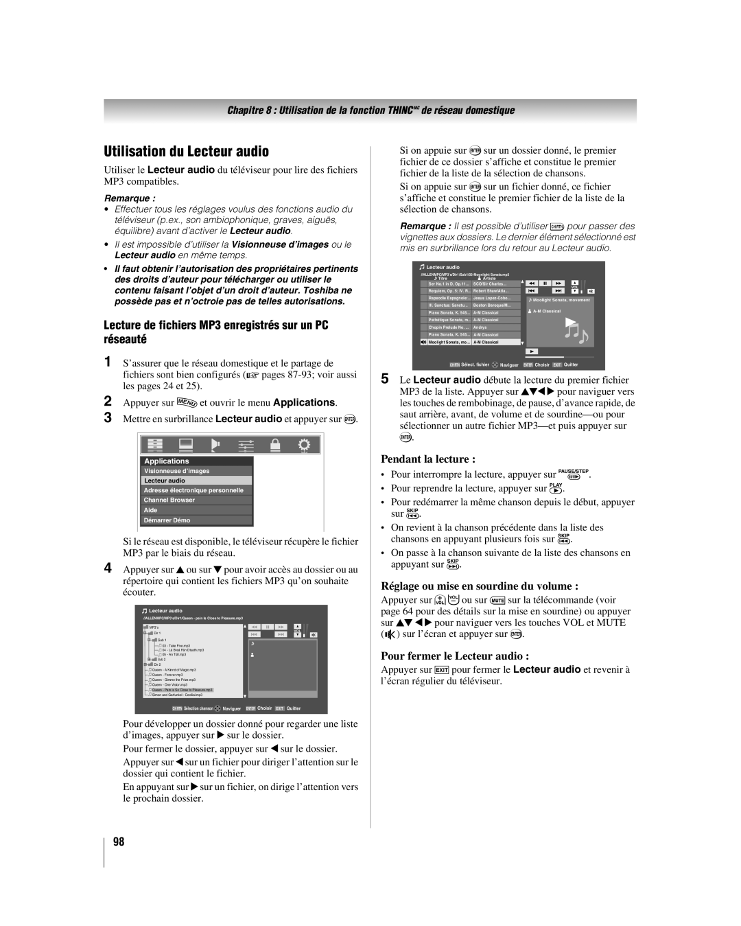 Toshiba 46LX177 Utilisation du Lecteur audio, Lecture de fichiers MP3 enregistrés sur un PC réseauté, Pendant la lecture 