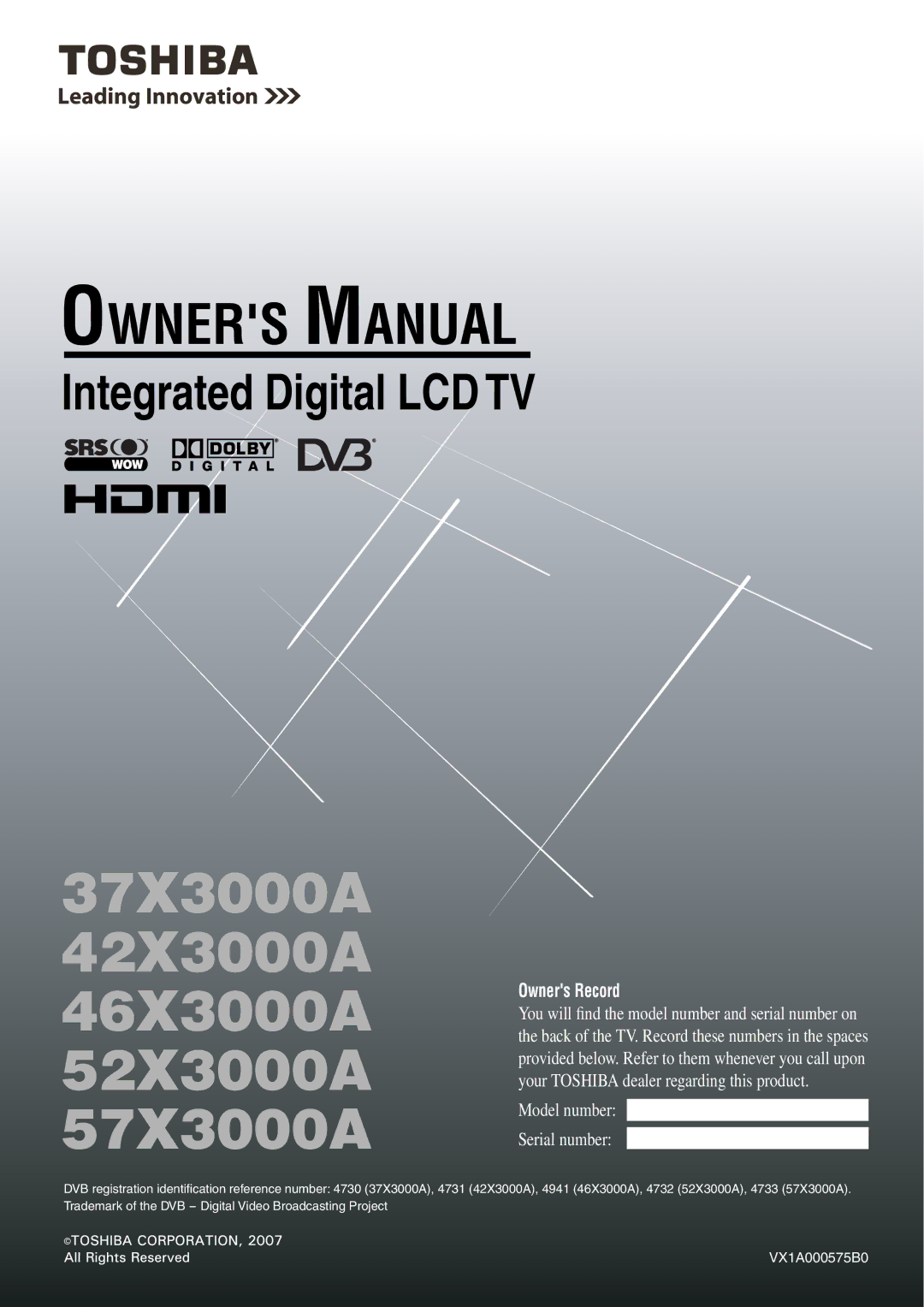 Toshiba owner manual 37X3000A 42X3000A 46X3000A 52X3000A 57X3000A 