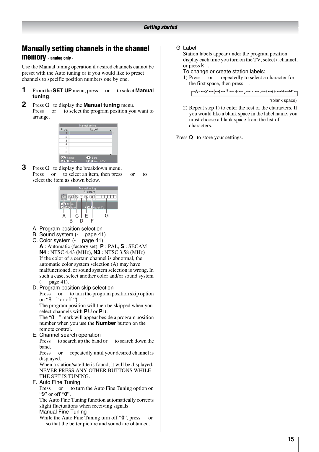 Toshiba 57X3000A Manually setting channels in the channel memory, Program position selection Sound system Color system 