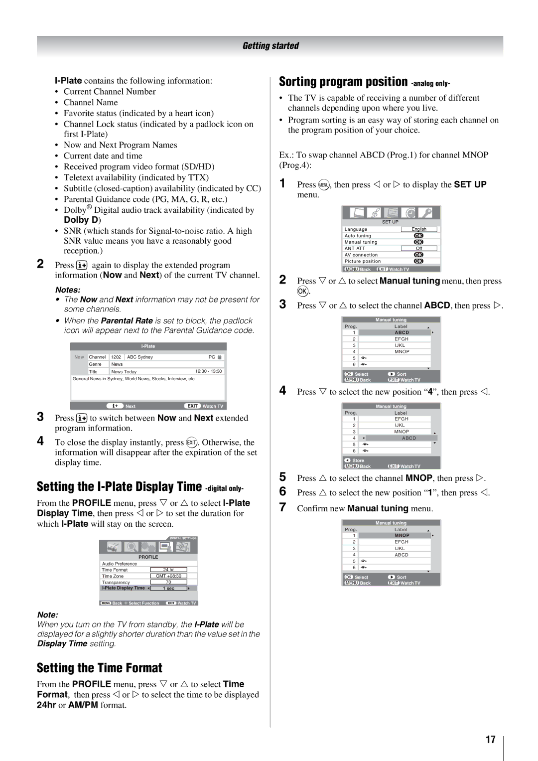 Toshiba 57X3000A owner manual Setting the I-Plate Display Time -digital only, Setting the Time Format, Dolby D 