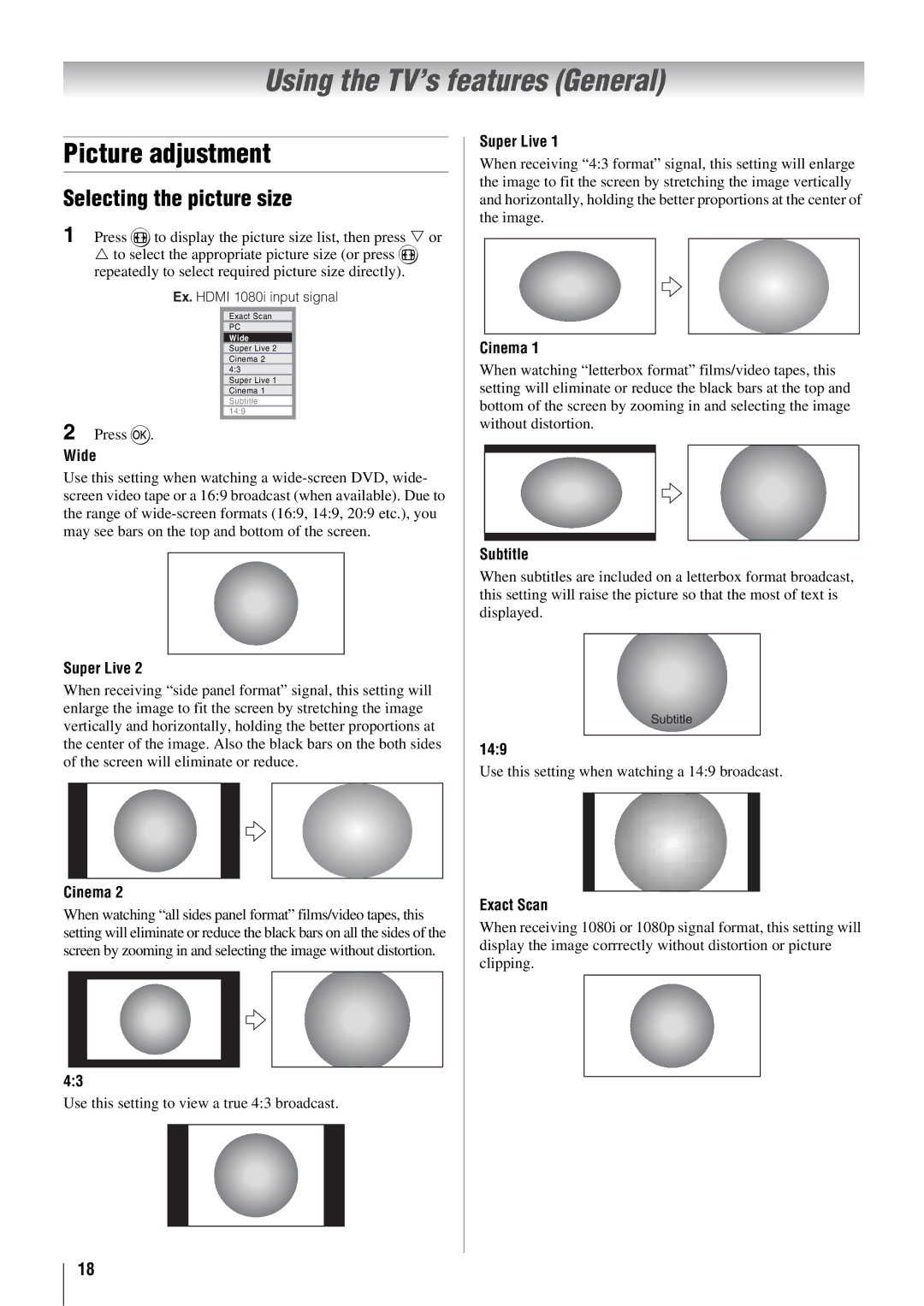 Toshiba 57X3000A owner manual Using the TV’s features General, Picture adjustment, Selecting the picture size 