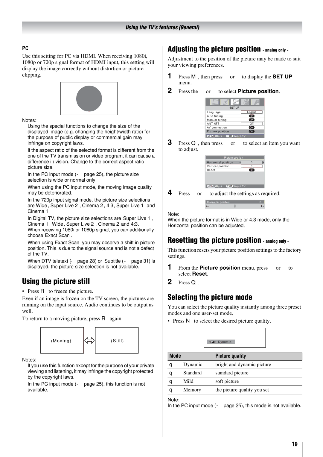 Toshiba 57X3000A Using the picture still, Adjusting the picture position analog only, Selecting the picture mode 