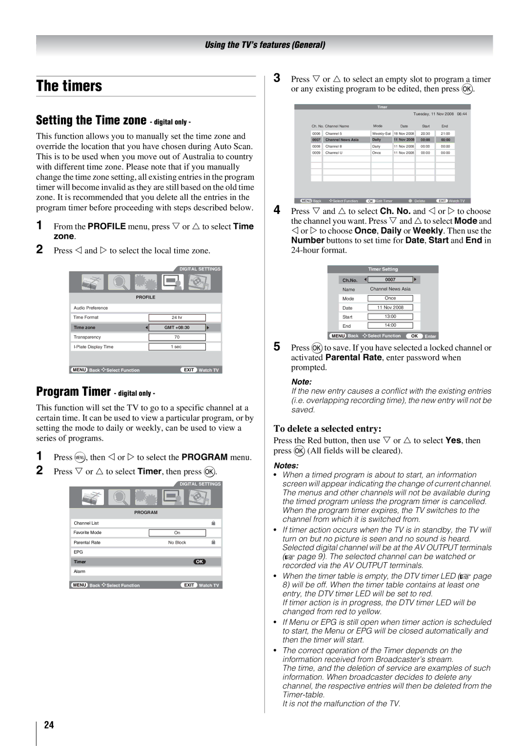 Toshiba 57X3000A owner manual Timers, Setting the Time zone digital only, To delete a selected entry 