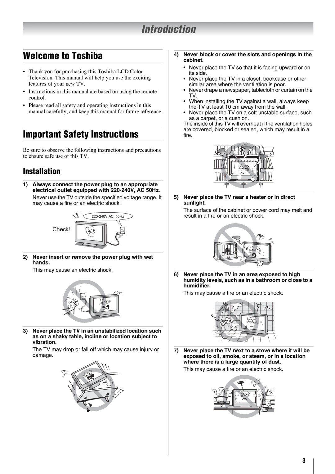 Toshiba 57X3000A owner manual Introduction, Welcome to Toshiba, Important Safety Instructions, Installation 