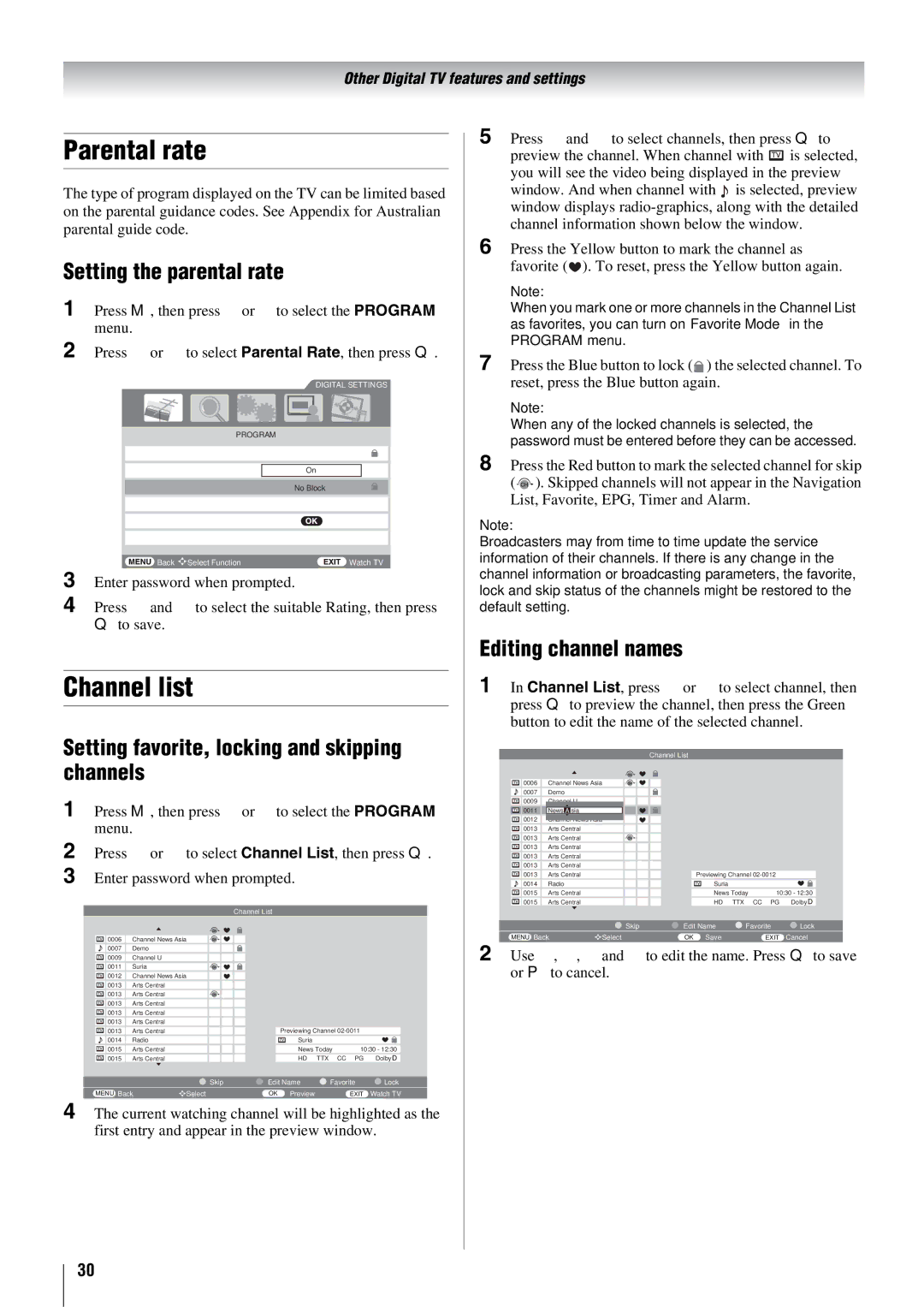 Toshiba 57X3000A Parental rate, Channel list, Setting the parental rate, Setting favorite, locking and skipping channels 