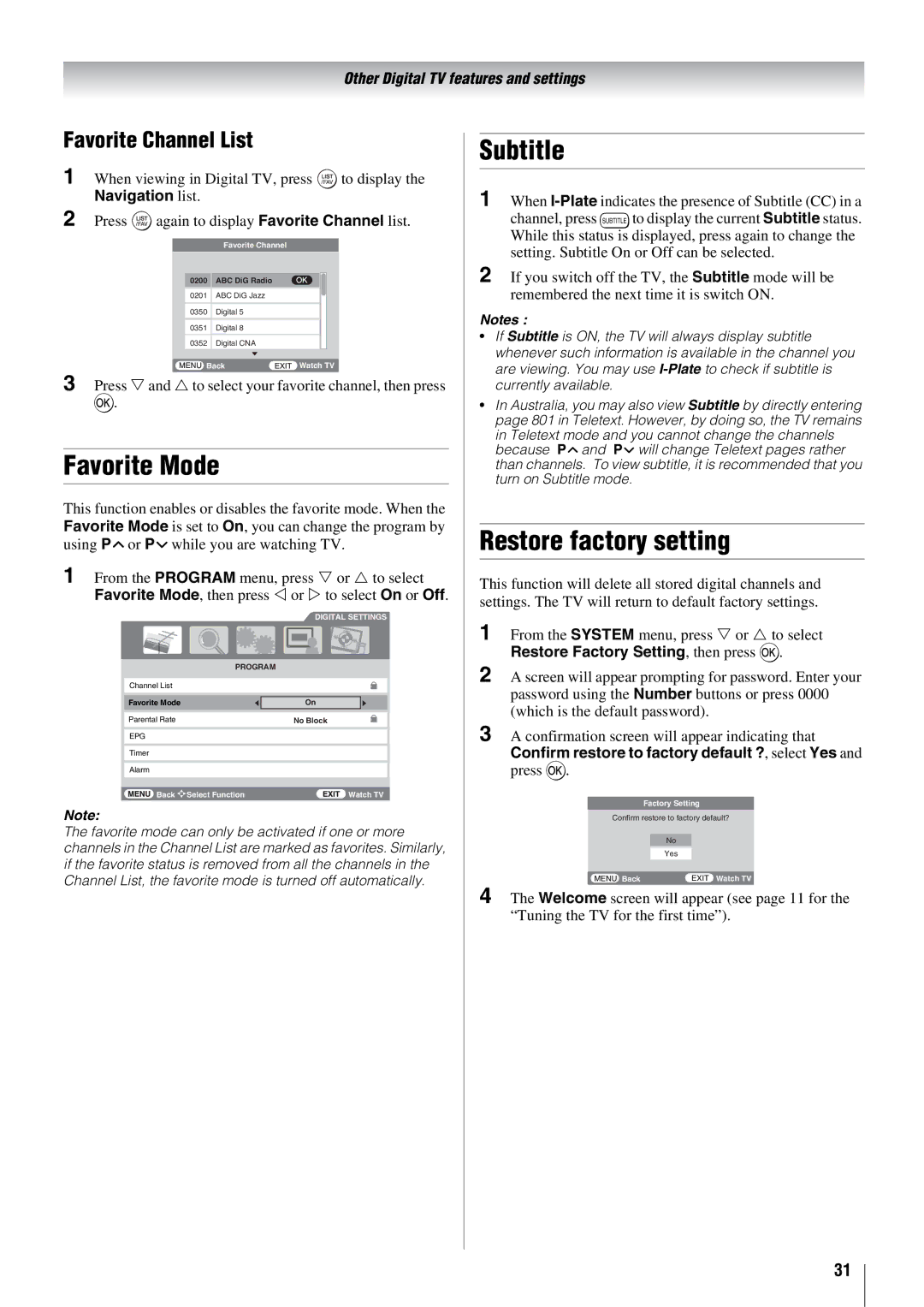 Toshiba 57X3000A owner manual Favorite Mode, Subtitle, Restore factory setting, Favorite Channel List 