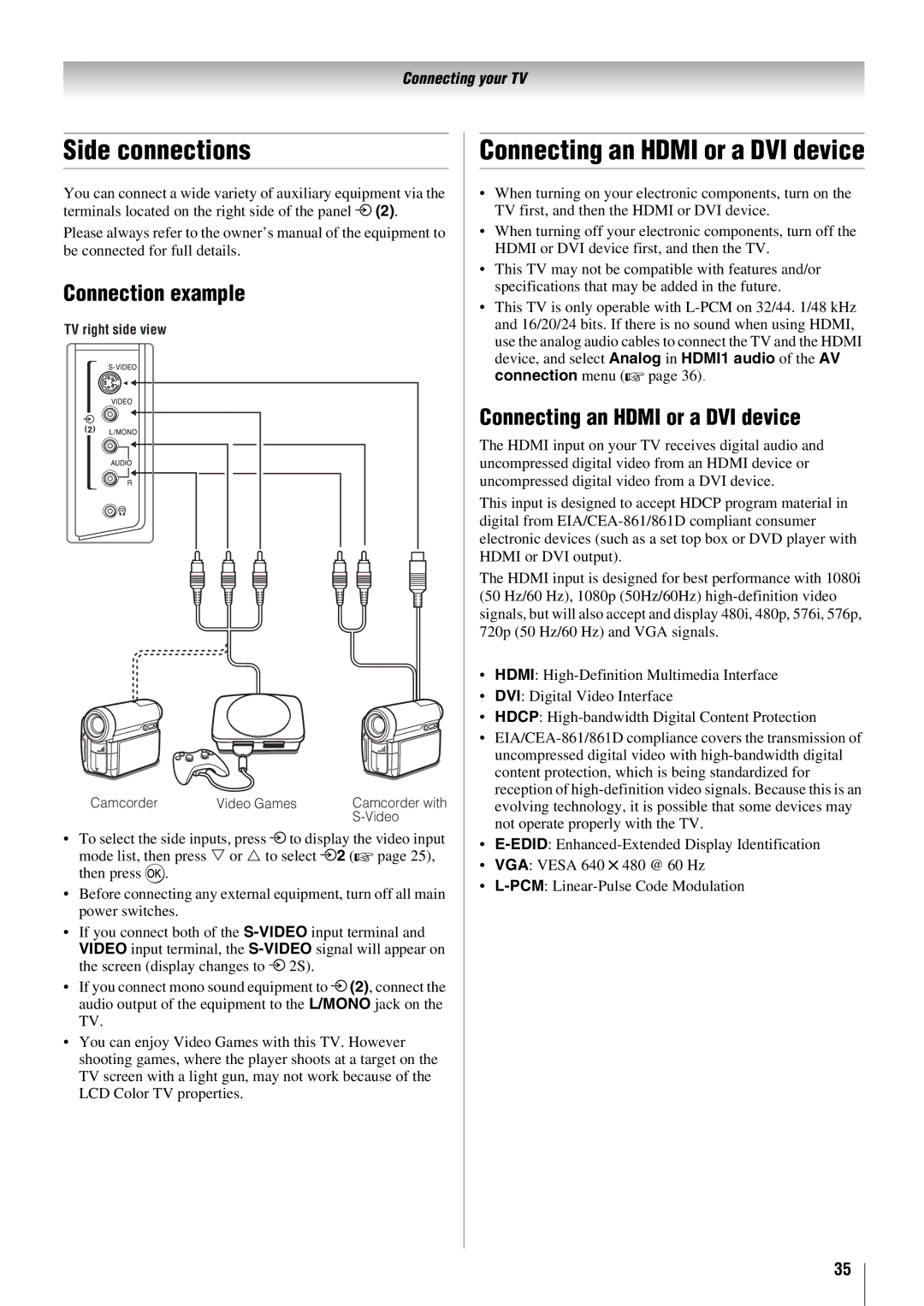 Toshiba 57X3000A owner manual Side connections, Connecting an Hdmi or a DVI device 