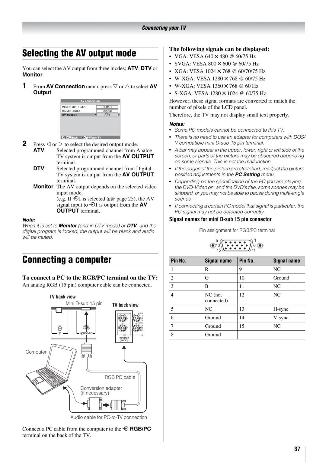 Toshiba 57X3000A Selecting the AV output mode, Connecting a computer, To connect a PC to the RGB/PC terminal on the TV 