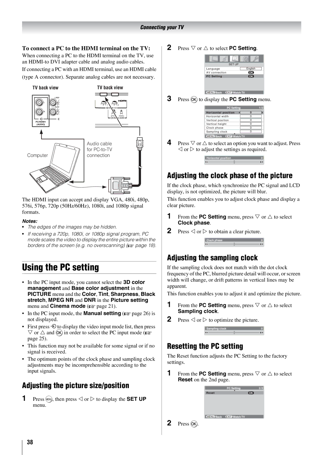 Toshiba 57X3000A Using the PC setting, Adjusting the clock phase of the picture, Adjusting the picture size/position 