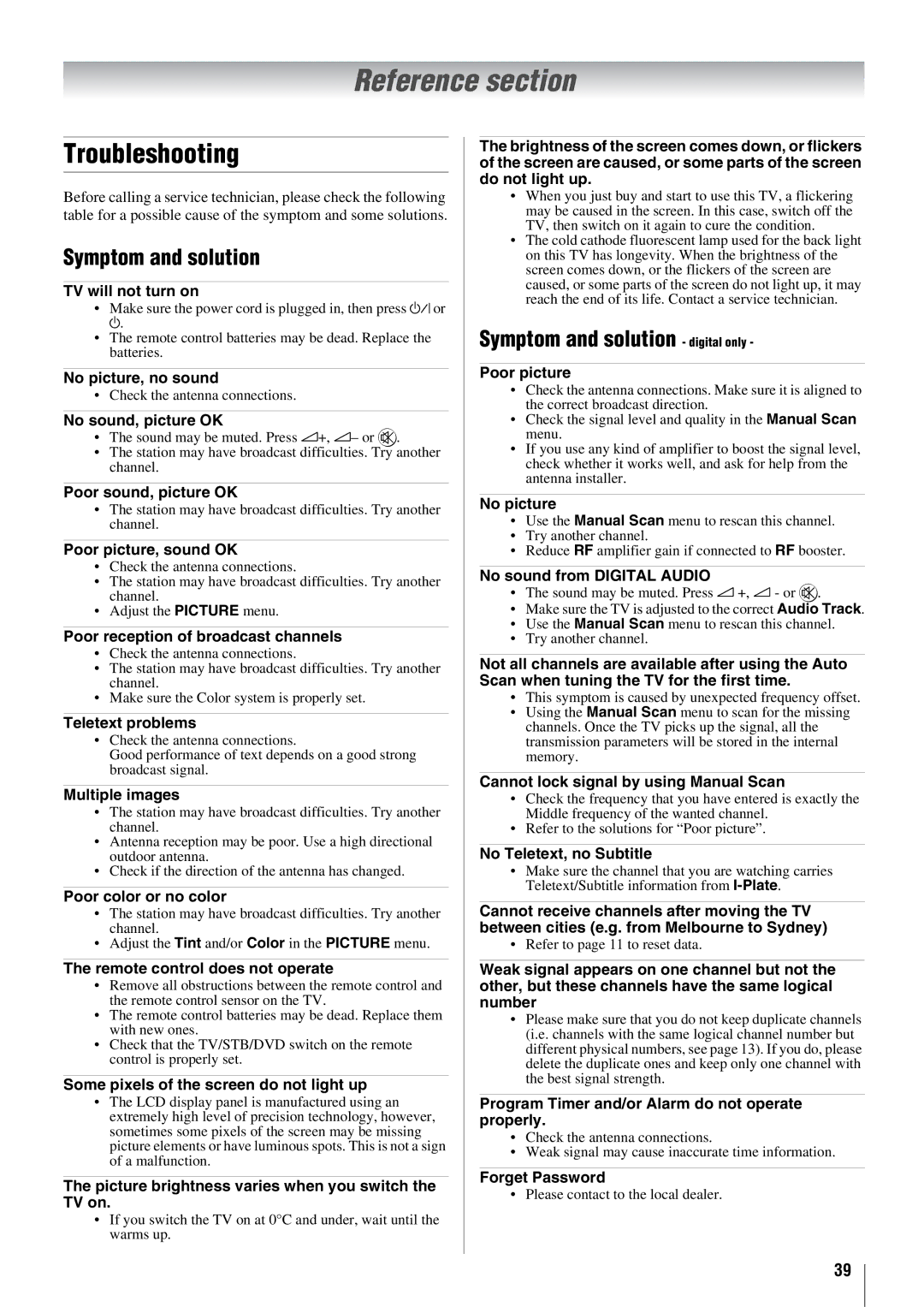 Toshiba 57X3000A owner manual Reference section, Troubleshooting, Symptom and solution digital only 