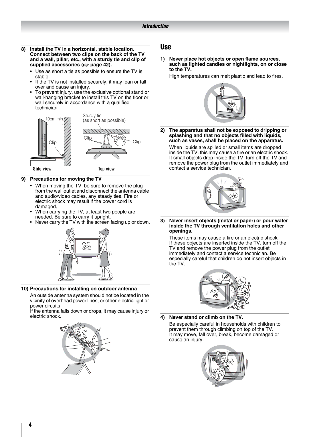 Toshiba 57X3000A owner manual Use, Precautions for moving the TV, Precautions for installing on outdoor antenna 