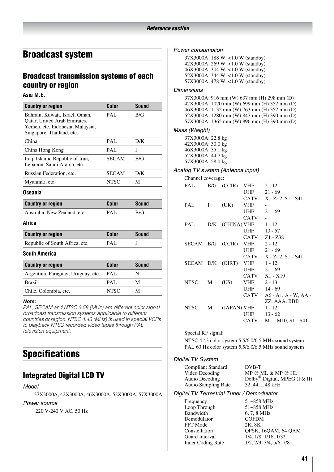 Toshiba 57X3000A owner manual Broadcast system, Specifications, Broadcast transmission systems of each country or region 