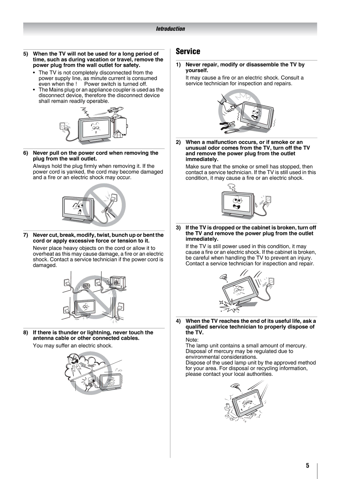 Toshiba 57X3000A owner manual Service, Never repair, modify or disassemble the TV by yourself 