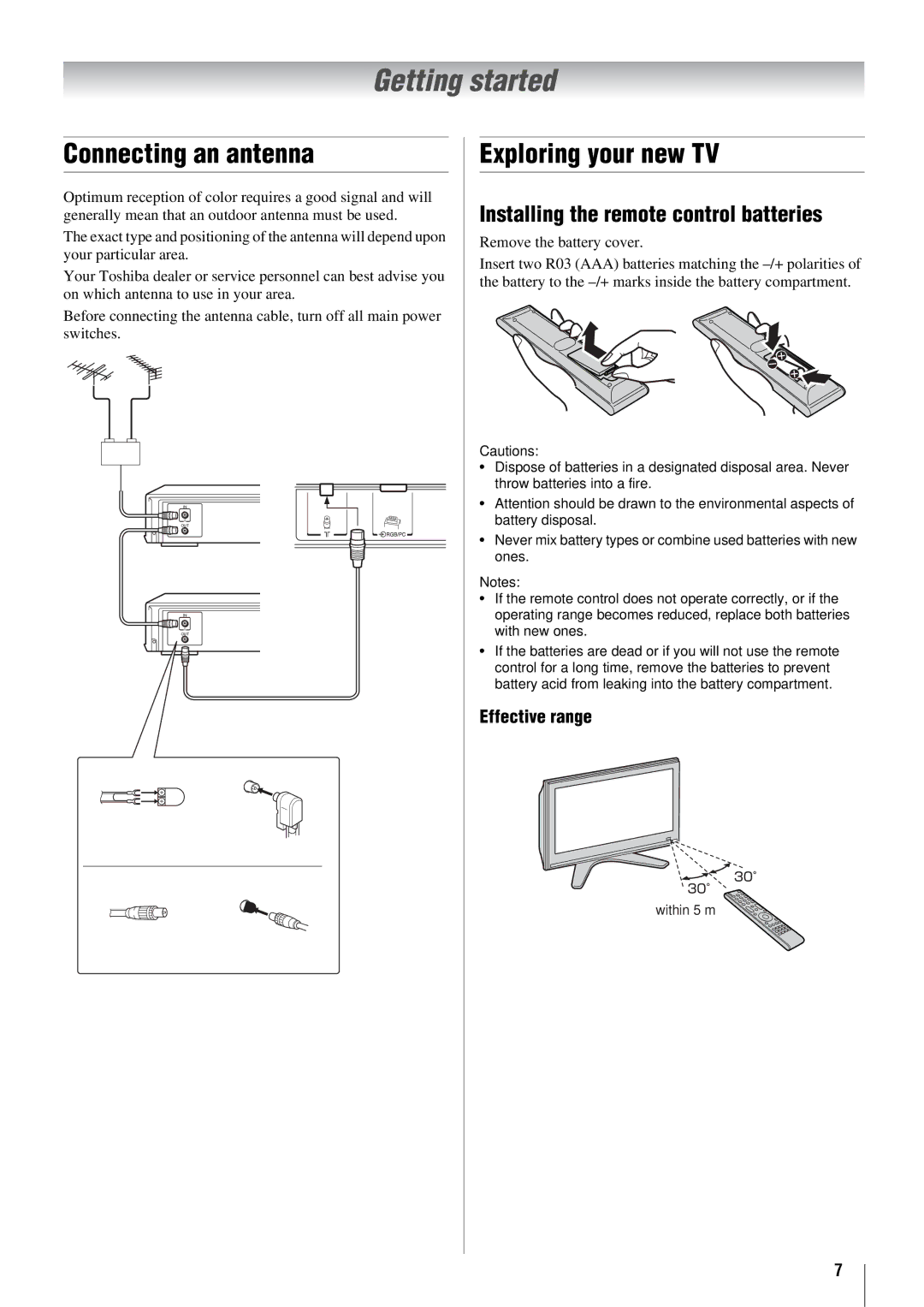 Toshiba 57X3000A Getting started, Connecting an antenna, Exploring your new TV, Installing the remote control batteries 