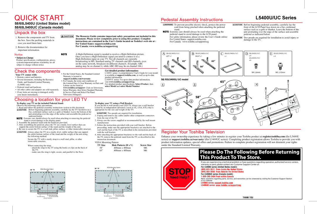 Toshiba 58/65L5400UC quick start Pedestal Assembly Instructions, Unpack the box, Check the components 