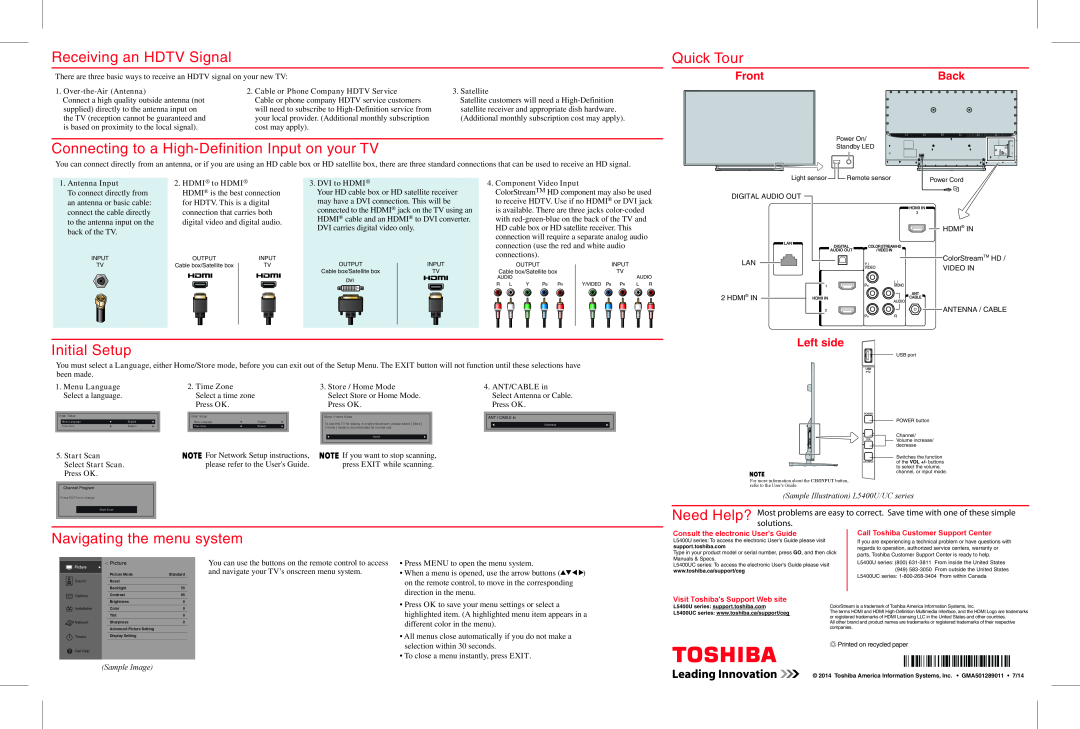 Toshiba 58/65L5400UC Receiving an HDTV Signal, Connecting to a High-Definition Input on your TV, Quick Tour, Initial Setup 