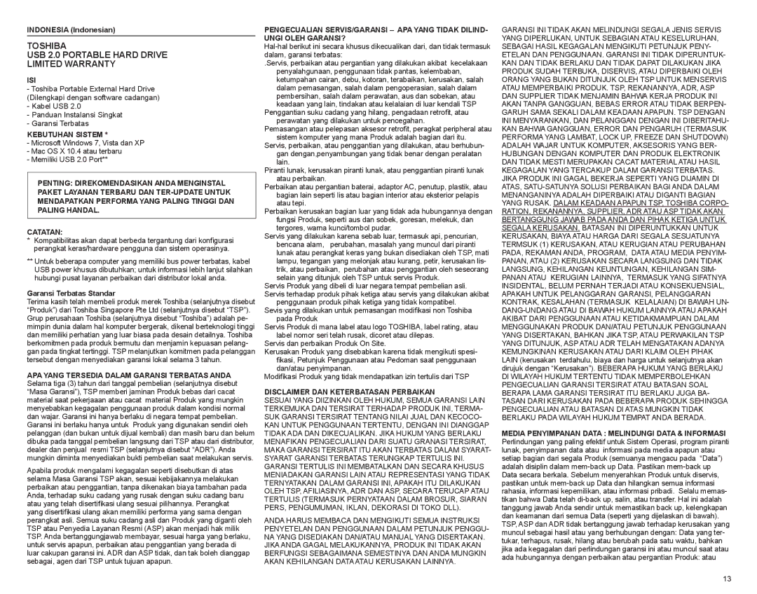 Toshiba 593209-D0 manual Isi, Kebutuhan Sistem, Disclaimer DAN Keterbatasan Perbaikan 