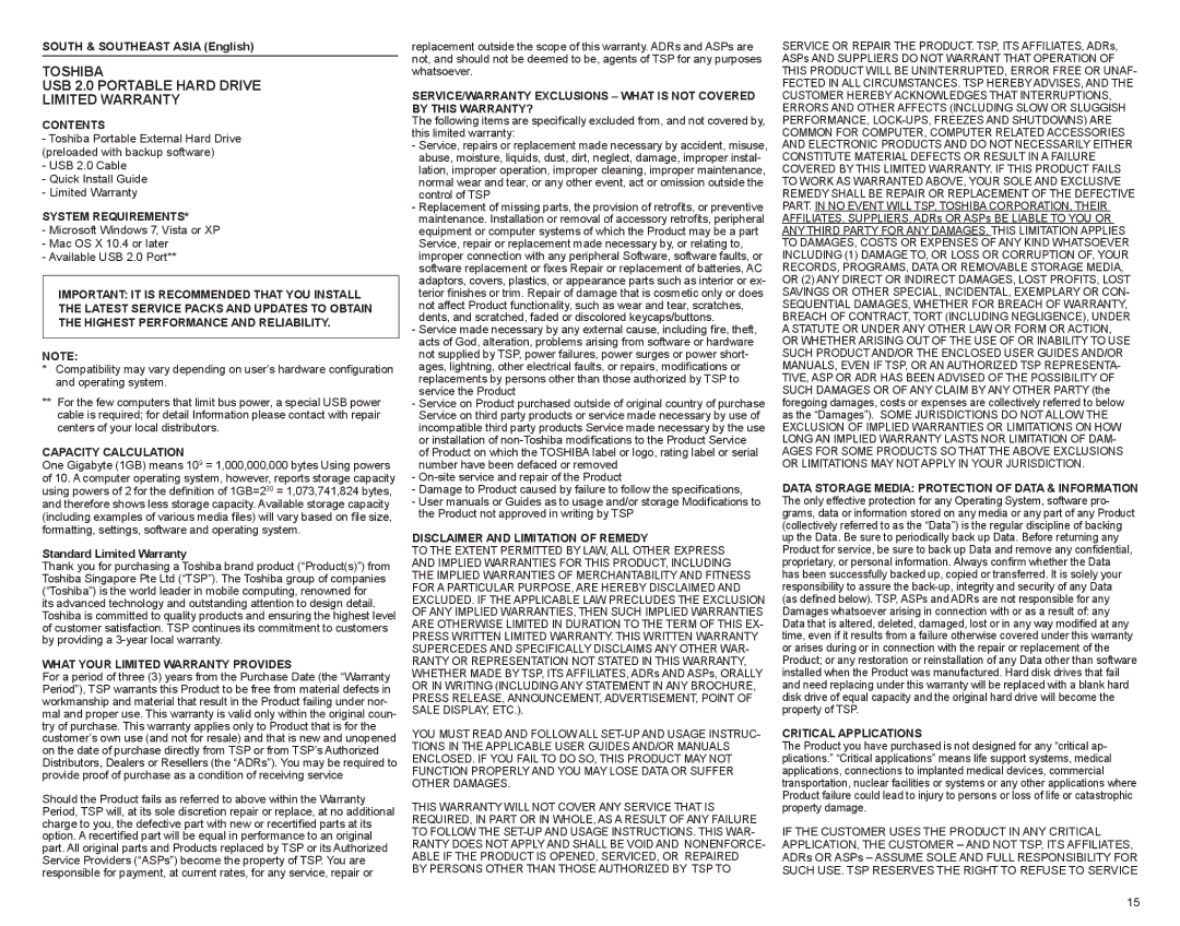 Toshiba 593209-D0 manual South & Southeast Asia English 