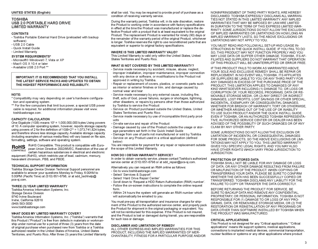 Toshiba 593209-D0 manual Contents, System Requirements, Capacity Calculation, Technical Support Information 