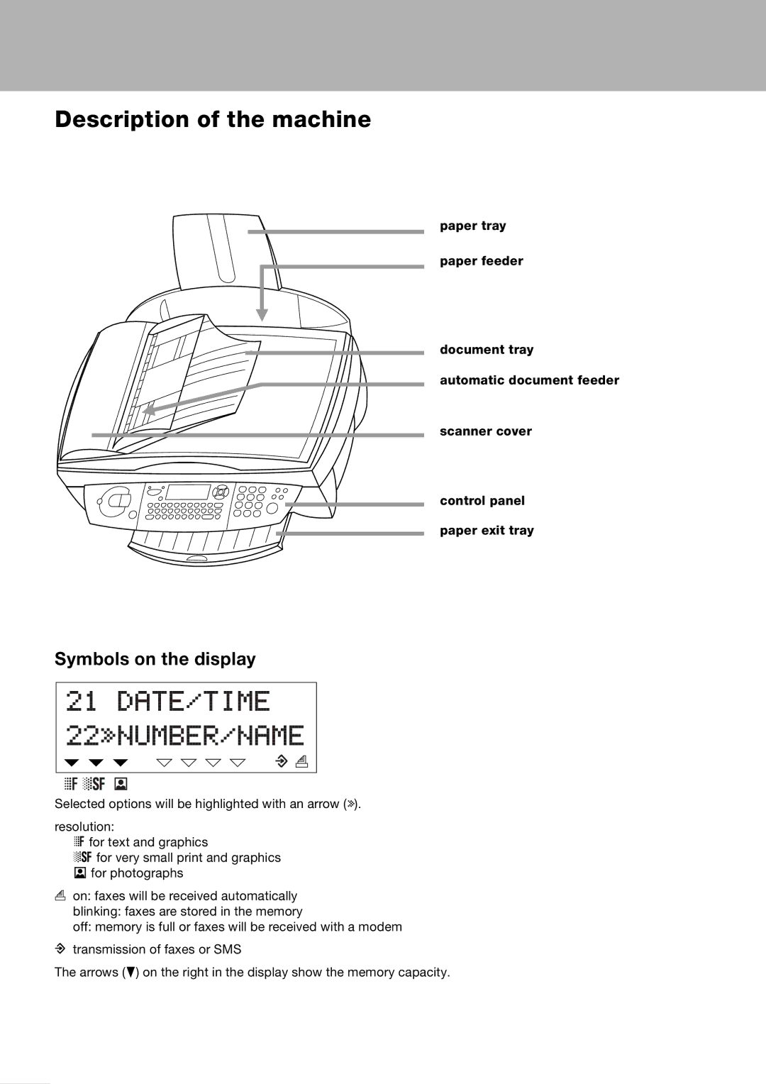 Toshiba 60F manual Description of the machine, Symbols on the display 