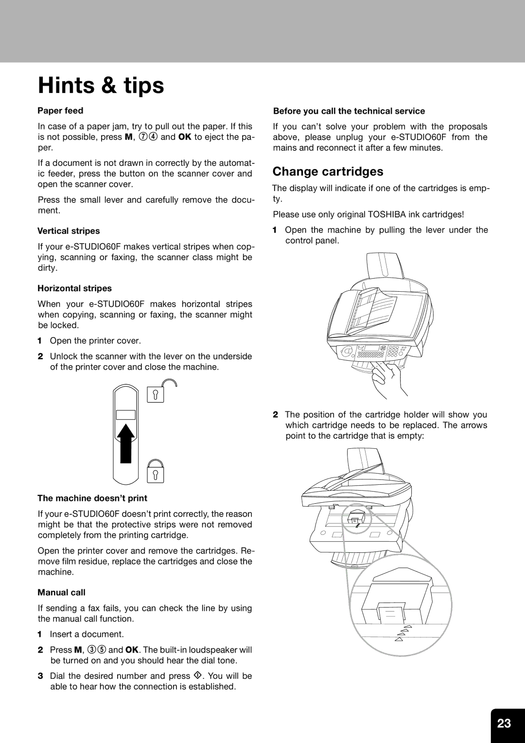 Toshiba 60F manual Hints & tips, Change cartridges 