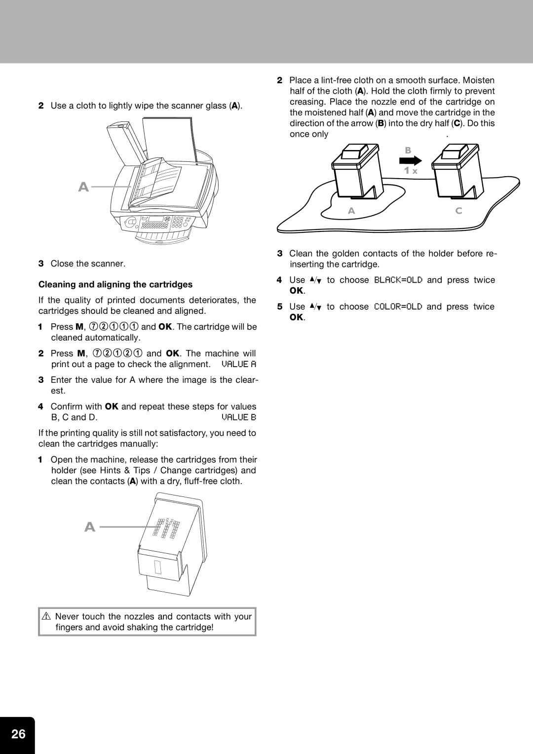 Toshiba 60F manual Cleaning and aligning the cartridges 