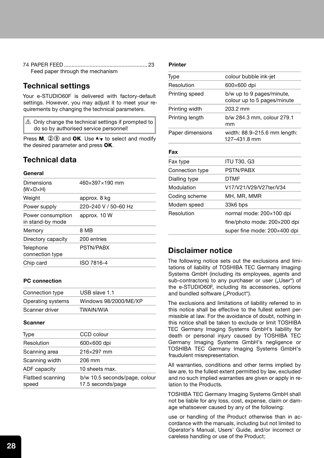 Toshiba 60F manual Technical settings, Technical data, Disclaimer notice 