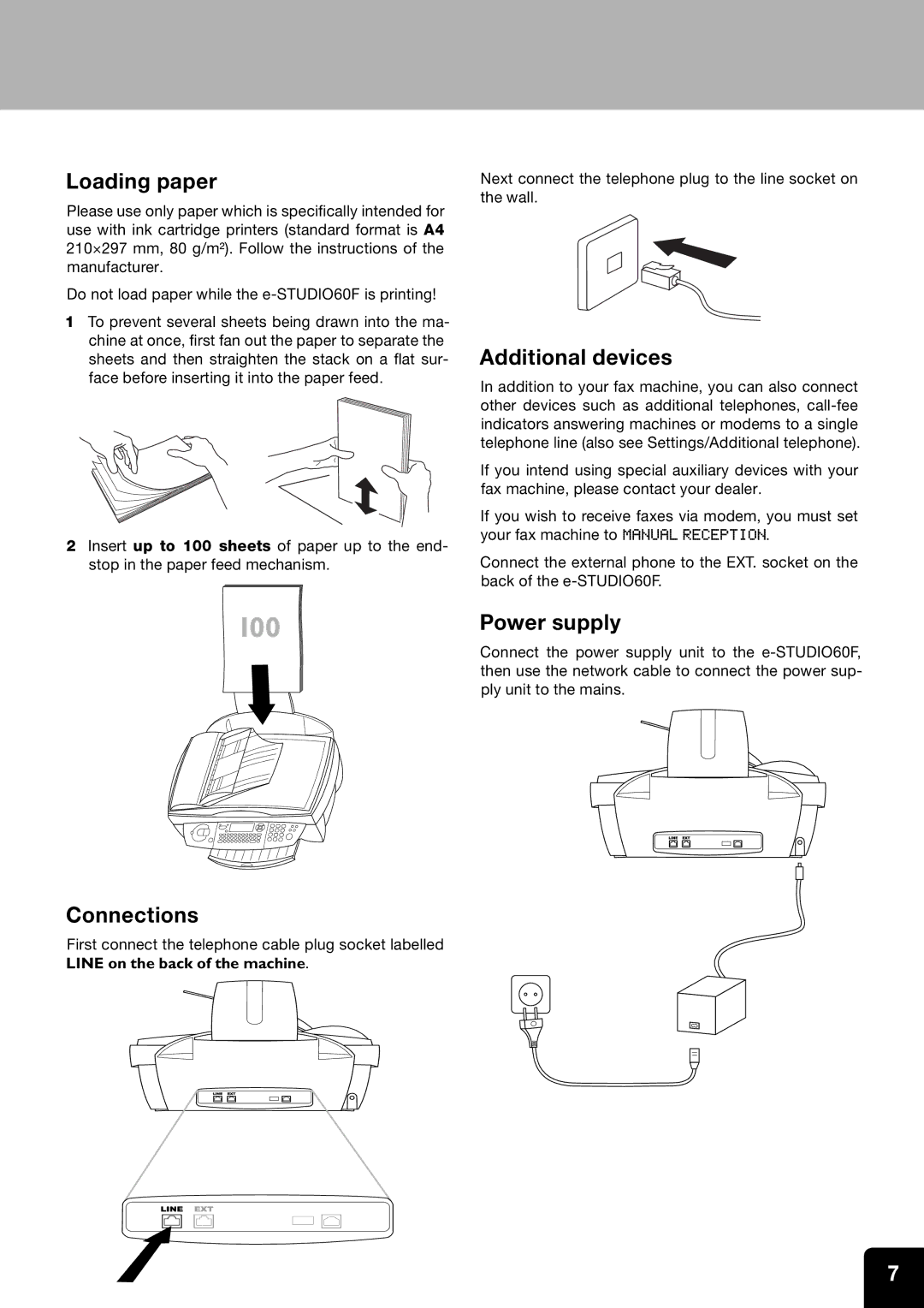 Toshiba 60F manual Loading paper, Connections, Additional devices, Power supply 