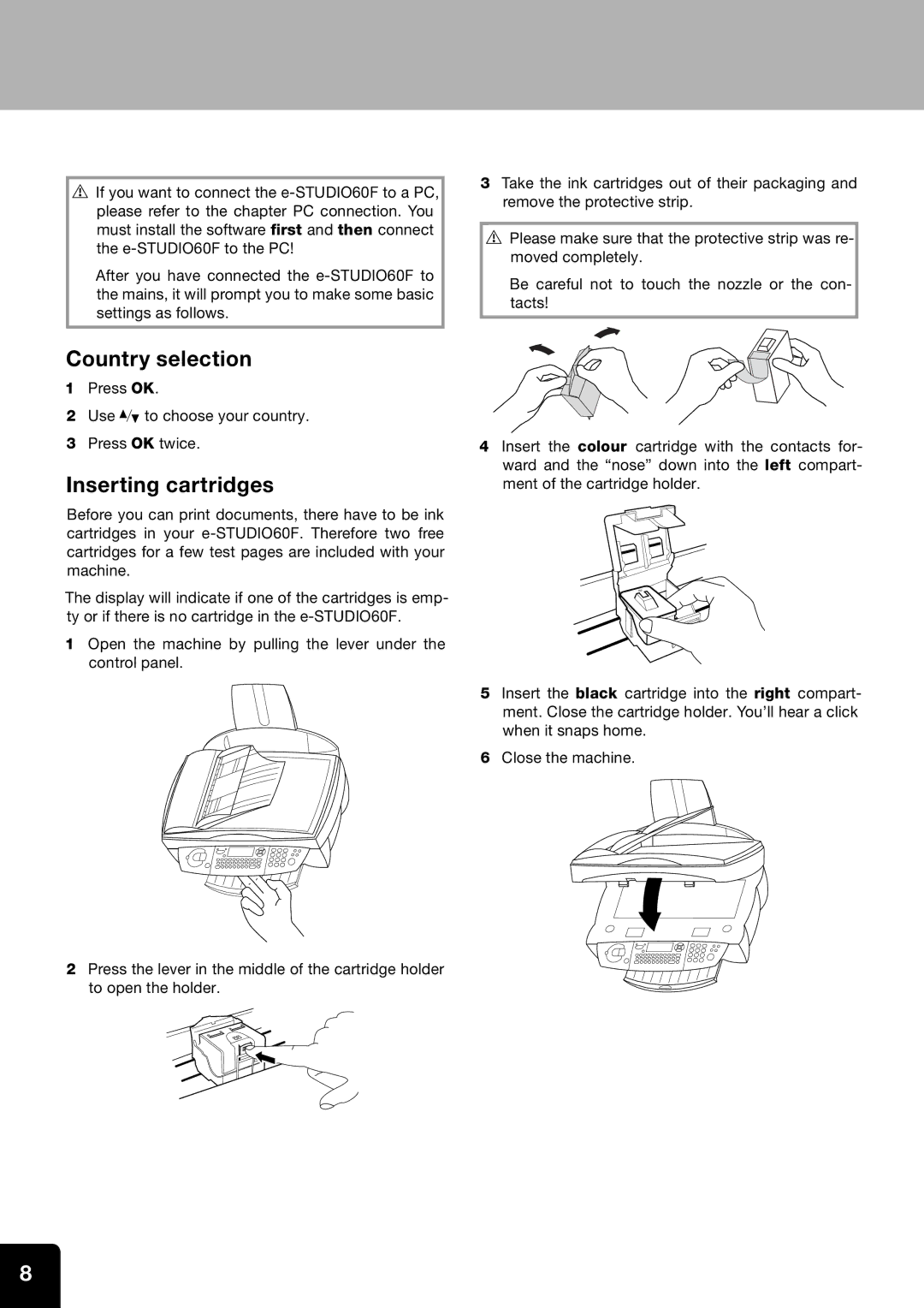 Toshiba 60F manual Country selection, Inserting cartridges 