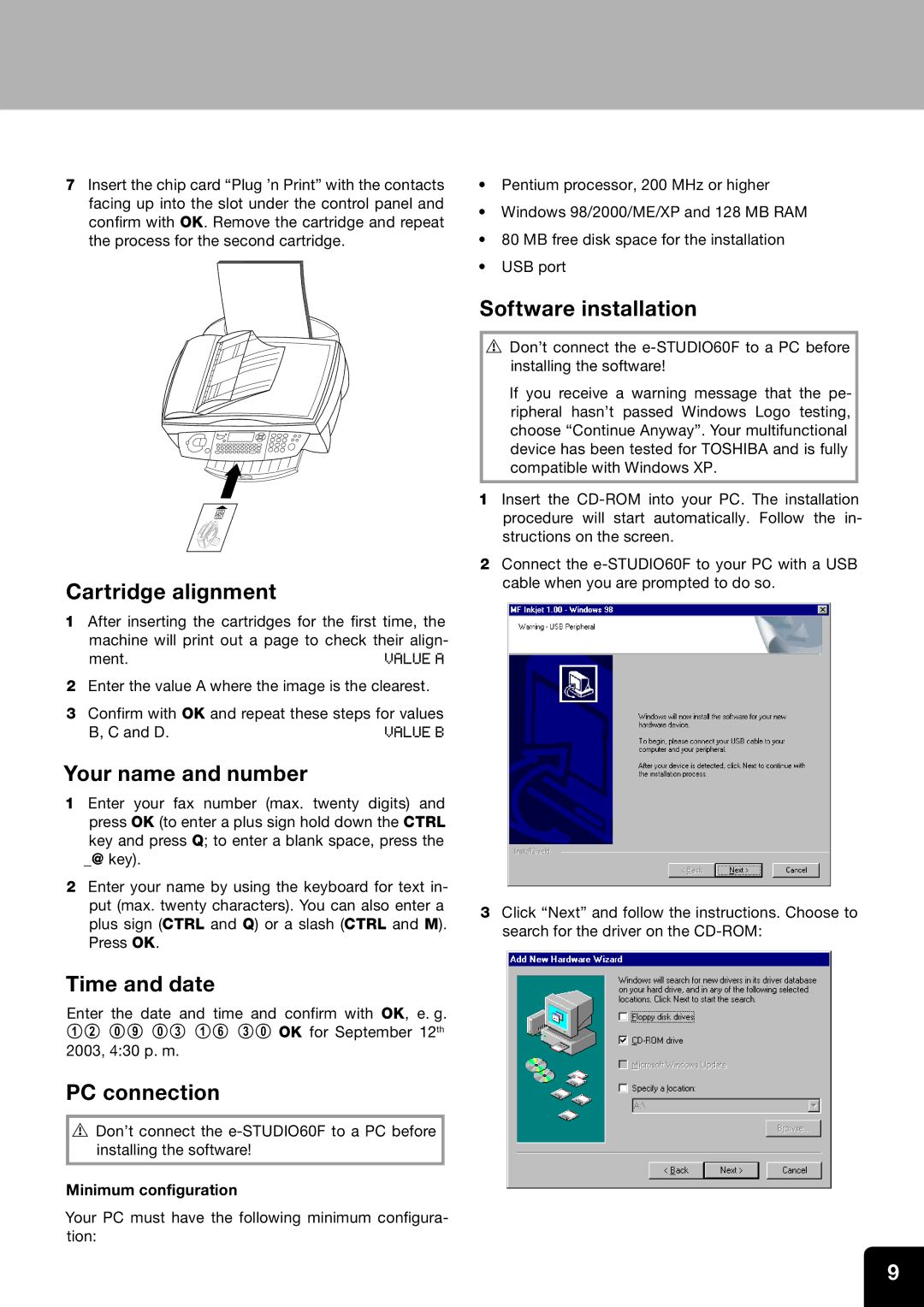 Toshiba 60F manual Cartridge alignment, Your name and number, Time and date, PC connection, Software installation 