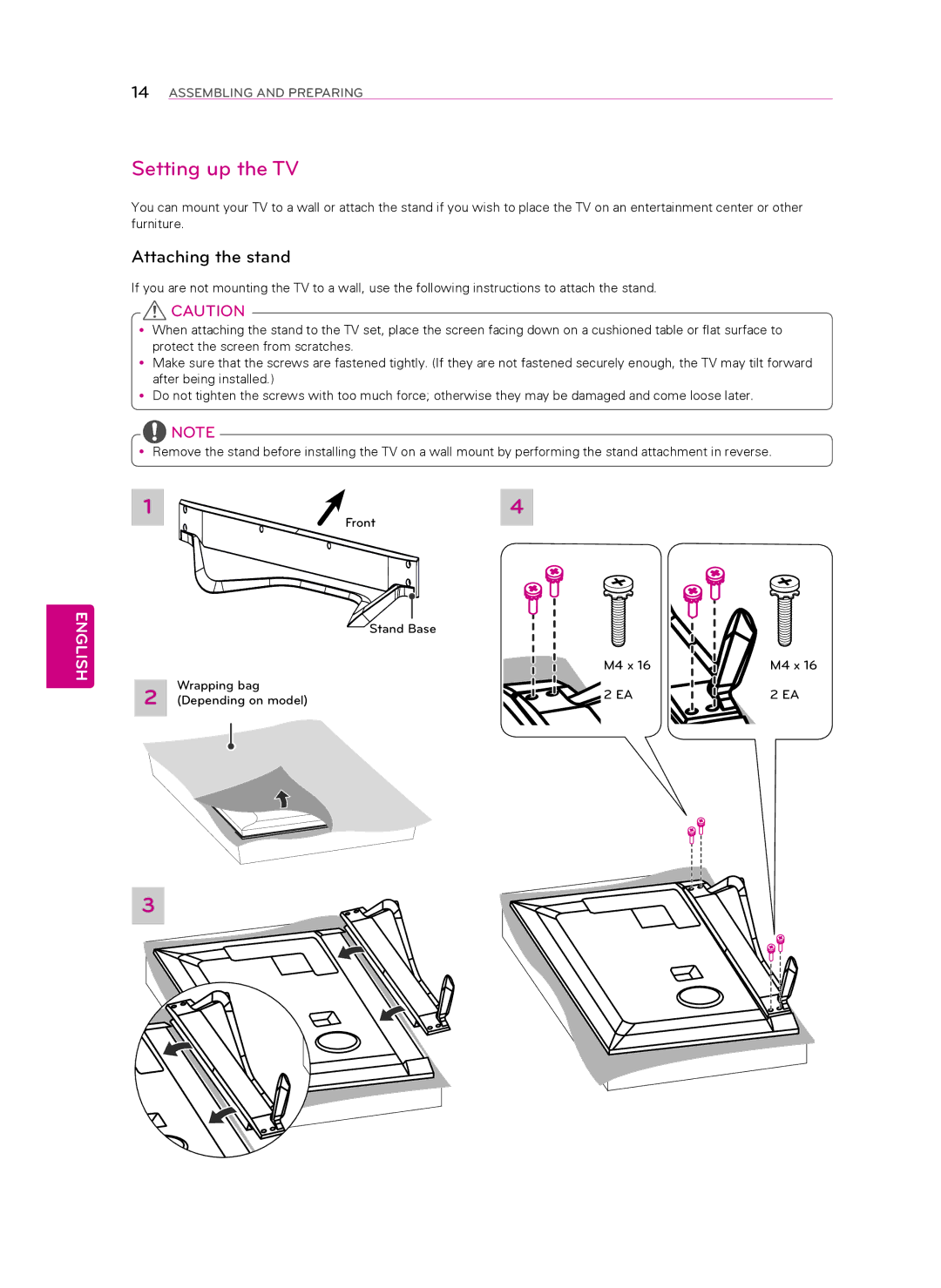 Toshiba 55LA8600, 60LA8600, MFL67652602 (1303-REV00), MFL67652602 1303 REV00 Setting up the TV, Attaching the stand 