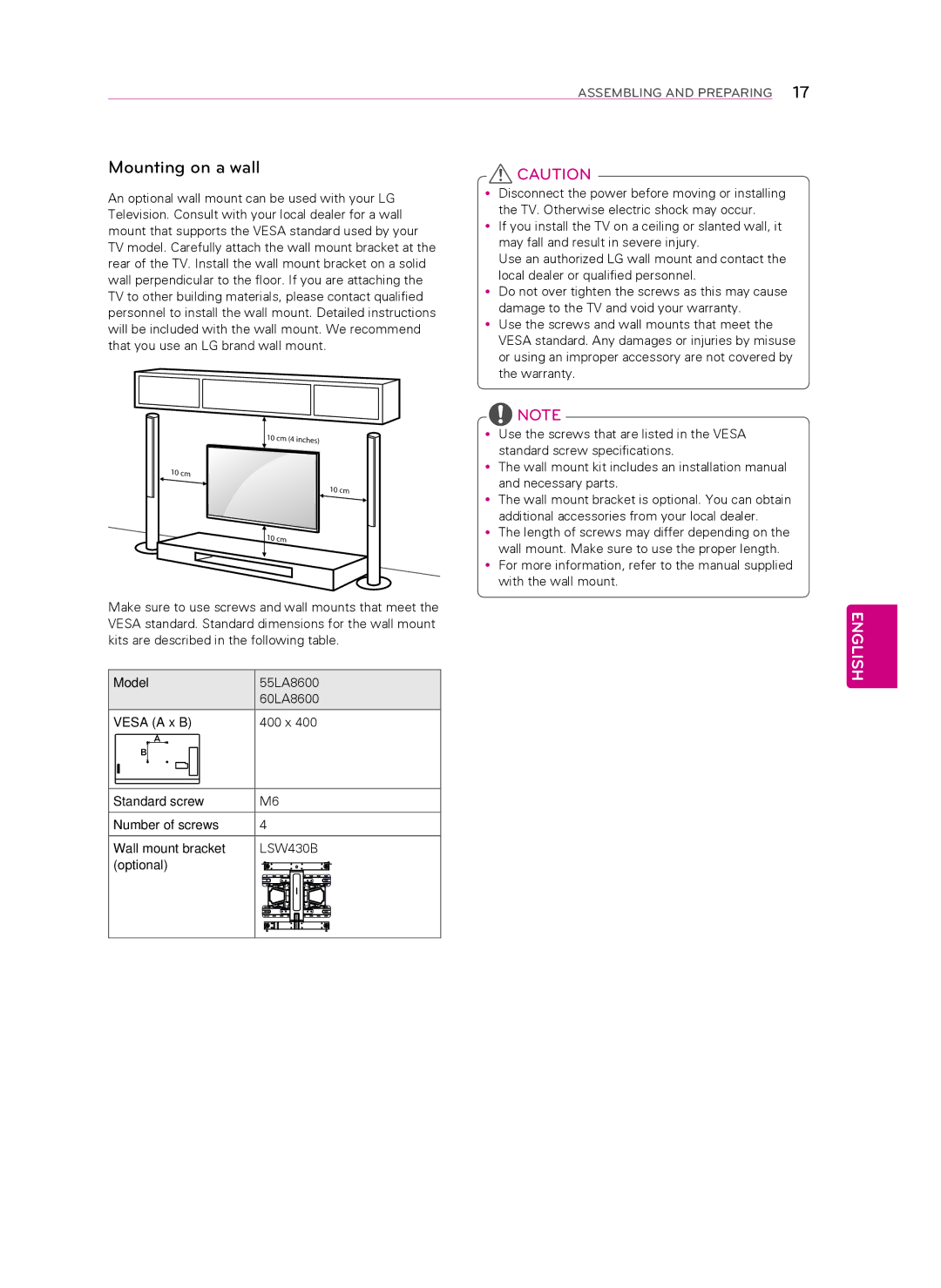 Toshiba MFL67652602 (1303-REV00), 60LA8600, MFL67652602 1303 REV00, 55LA8600 owner manual Mounting on a wall, Model, Optional 