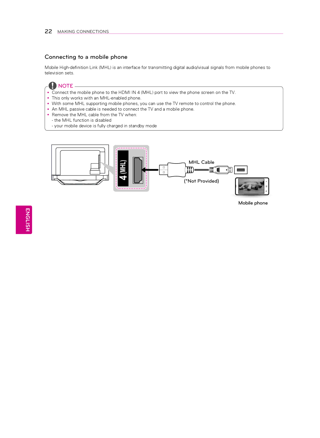 Toshiba MFL67652602 (1303-REV00), 60LA8600, 55LA8600 Connecting to a mobile phone, MHL Cable Not Provided Mobile phone 