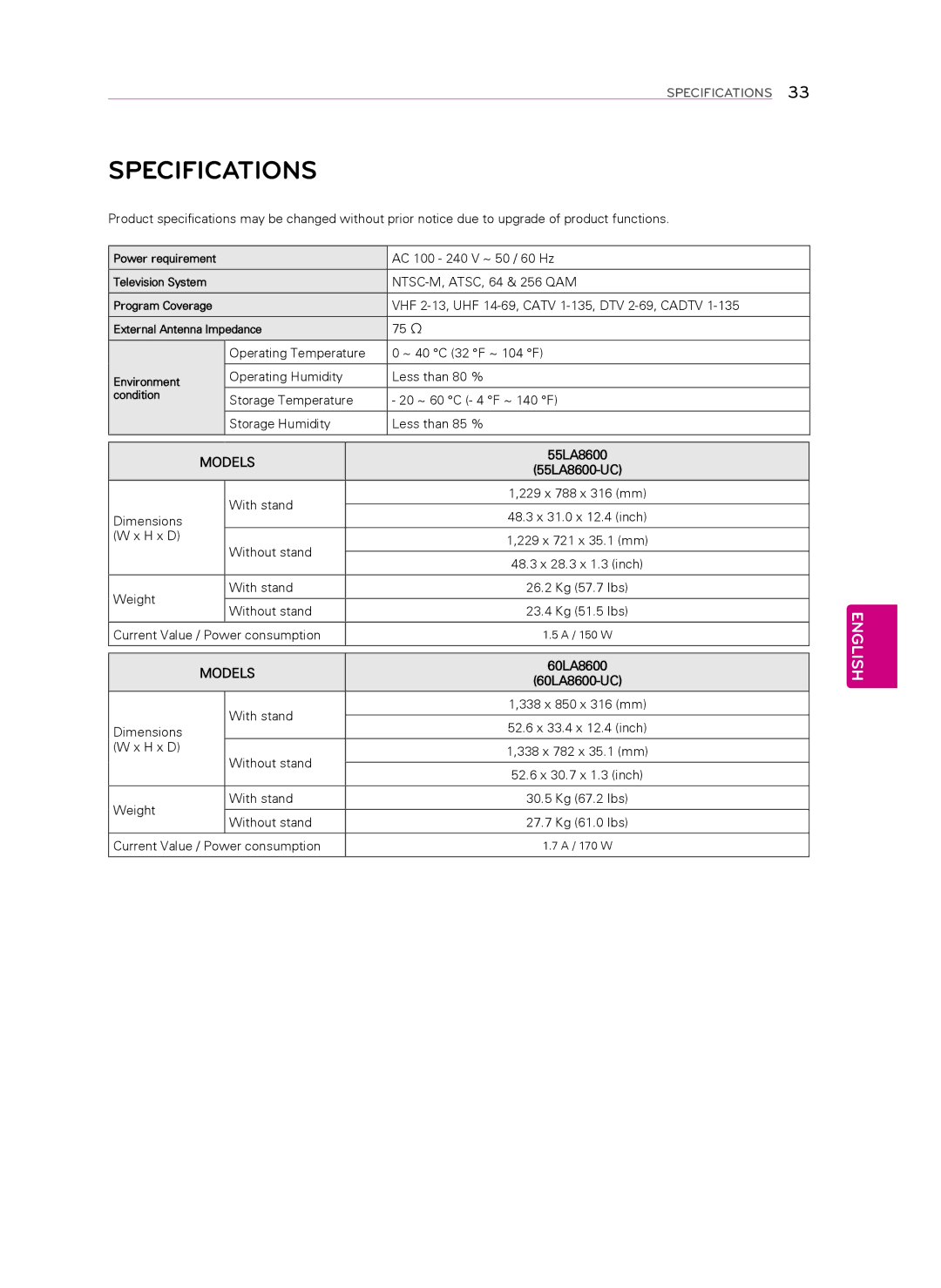 Toshiba MFL67652602 1303 REV00, 60LA8600, MFL67652602 (1303-REV00), 55LA8600 owner manual Specifications, Models 