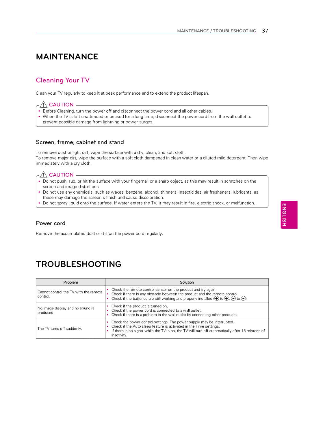 Toshiba MFL67652602 (1303-REV00) Maintenance, Troubleshooting, Cleaning Your TV, Screen, frame, cabinet and stand 