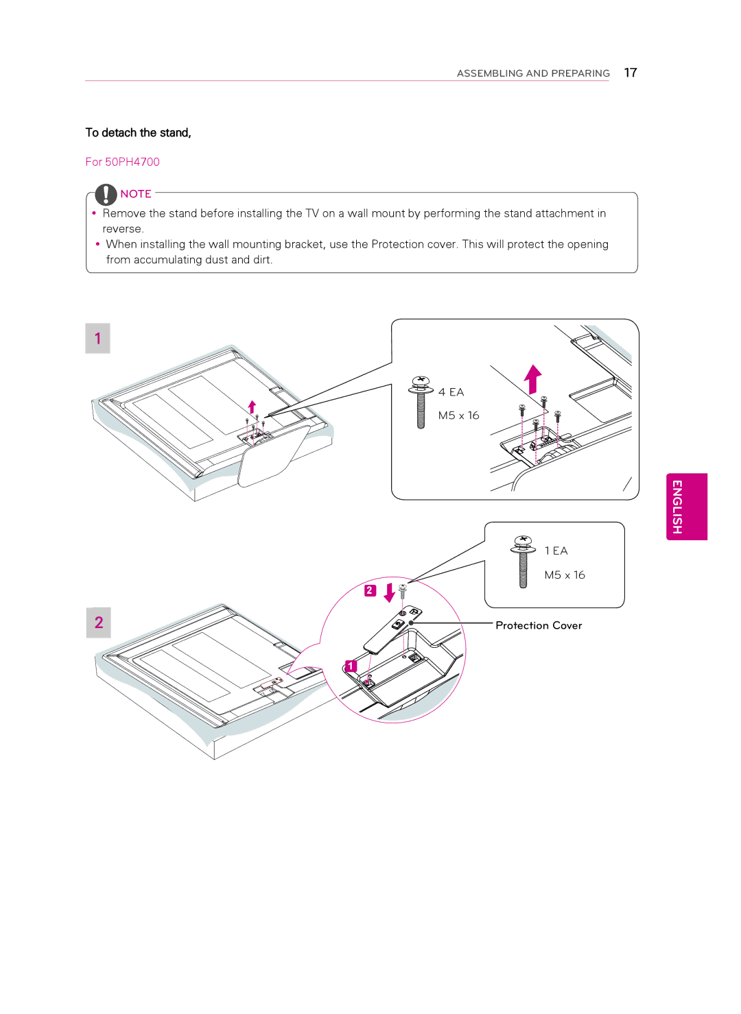 Toshiba 50PH4700, 60PH6700 owner manual To detach the stand, M5 x Protection Cover 