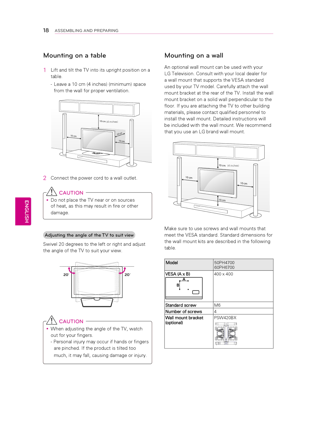 Toshiba 60PH6700, 50PH4700 Mounting on a table, Mounting on a wall, Connect the power cord to a wall outlet, Damage 