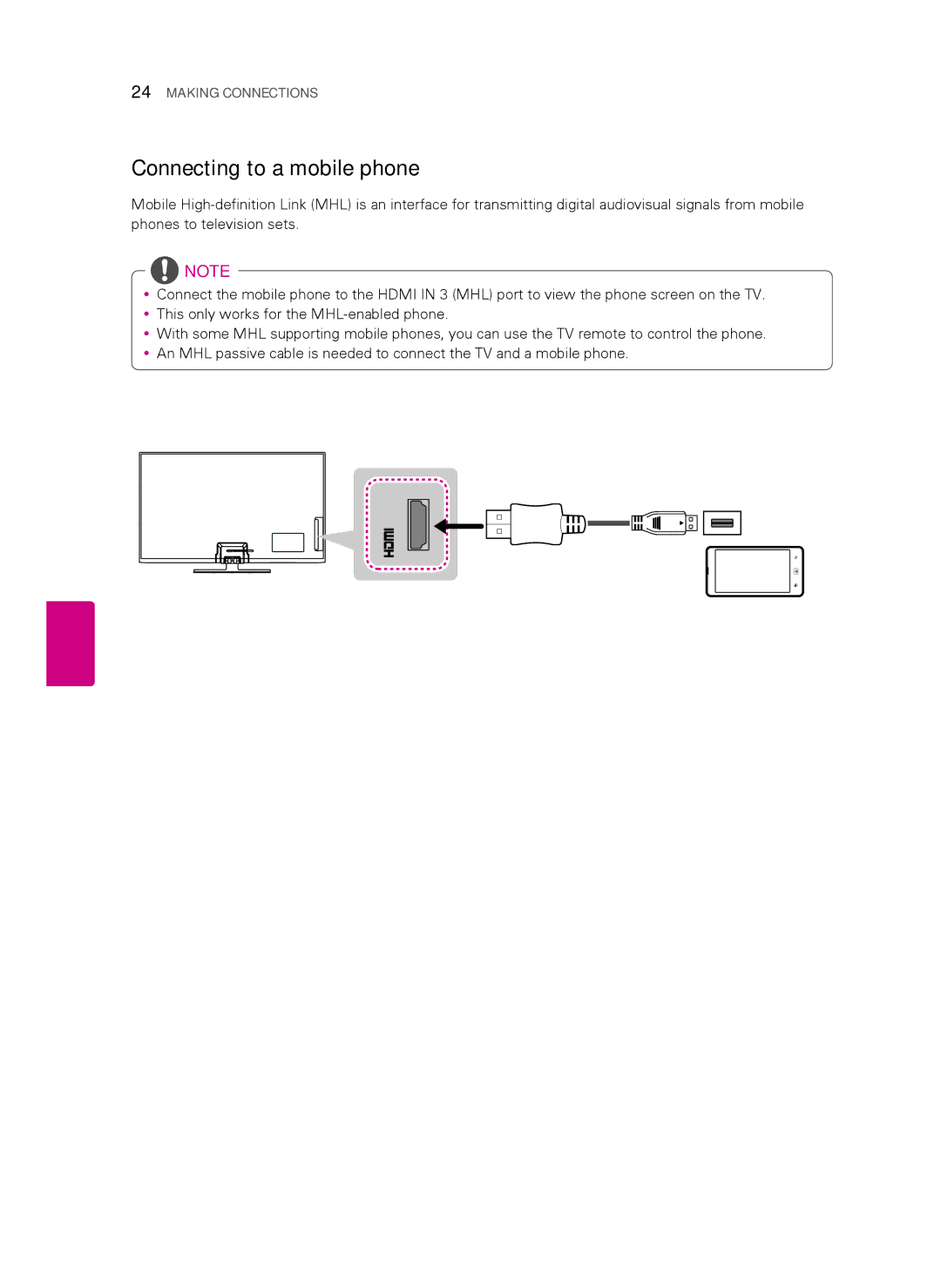 Toshiba 60PH6700, 50PH4700 owner manual Connecting to a mobile phone, MHL Cable Not Provided 